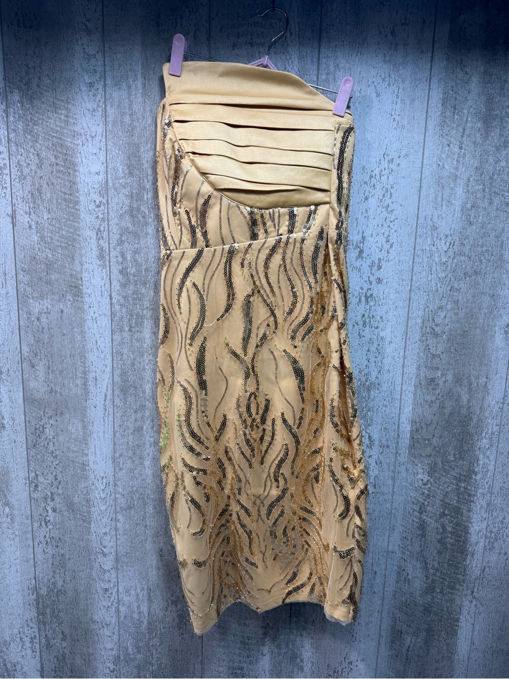 Gold Sequin Beaded Strapless Formal Cocktail Dress